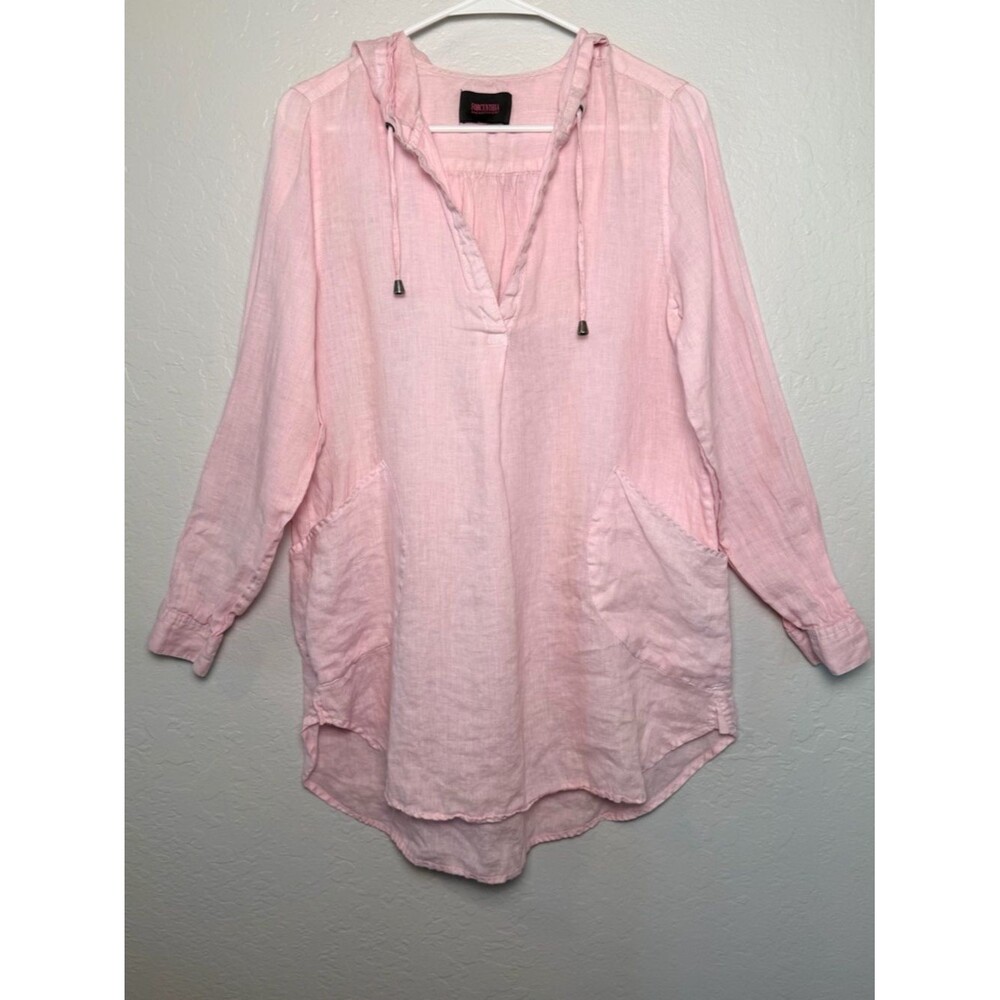 Forcynthia Beachwear Pastel Pink Linen Hooded Tunic Beach Coverup Size L - Picture 3 of 11